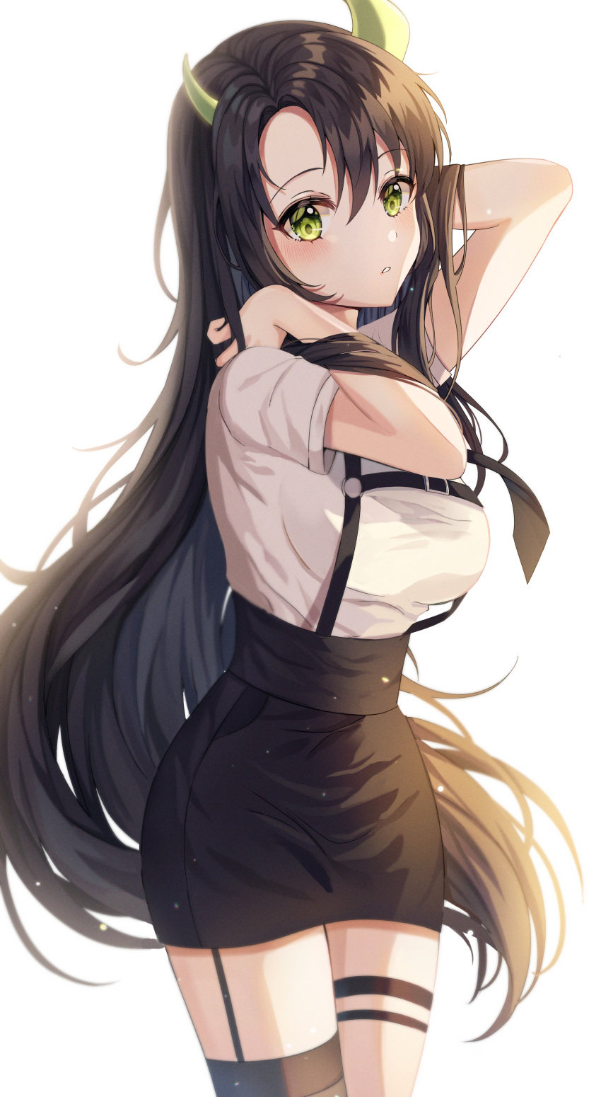 1girl absurdres bangs black_neckwear black_skirt blush breasts brown_hair commentary_request demon_horns garter_straps hands_in_hair hands_up highres horns huge_filesize large_breasts long_hair necktie o-ring o-ring_top original parted_lips pencil_skirt shirt shirt_tucked_in short_sleeves single_thighhigh skirt solo tess_(88884) thigh-highs thigh_strap very_long_hair white_shirt yellow_eyes