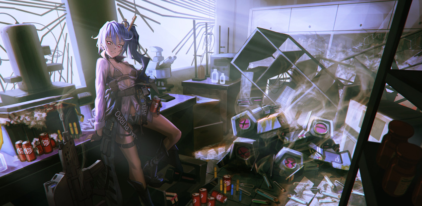 &gt;_&lt; 1girl arm_support bangs bikini bikini_under_clothes black_bikini black_footwear black_gloves blue_hair boots breasts can commentary_request daewoo_k11 dinergate_(girls_frontline) dr_pepper eyebrows_visible_through_hair fingerless_gloves girls_frontline gloves grey_shorts gun hair_between_eyes high_heel_boots high_heels highres hironii_(hirofactory) indoors k11_(girls_frontline) long_hair long_sleeves looking_at_viewer medium_breasts object_namesake open_clothes open_shorts parted_lips red_eyes robot shelf shirt short_shorts shorts side_ponytail smoke smoking_gun swimsuit test_tube weapon white_shirt