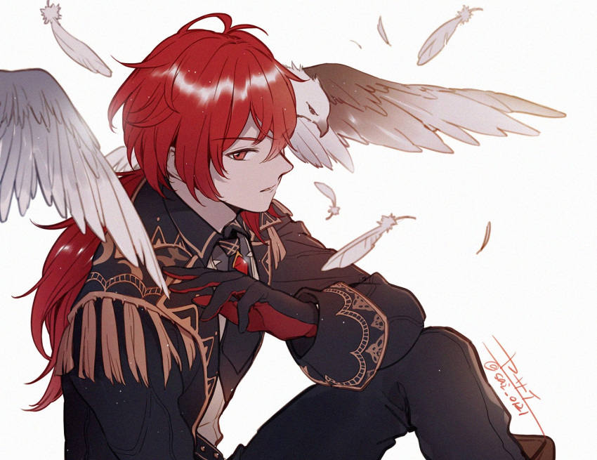 1boy antenna_hair bangs bird black_gloves black_jacket black_neckwear black_pants commentary_request crossed_bangs dated diluc_(genshin_impact) feathers feet_out_of_frame formal genshin_impact gloves hawk highres jacket long_hair looking_at_viewer pants ponytail profile red_eyes red_gloves redhead shiny shiny_hair sidelocks signature simple_background solo spread_wings suit two-tone_gloves white_background white_feathers yasai_(getsu)