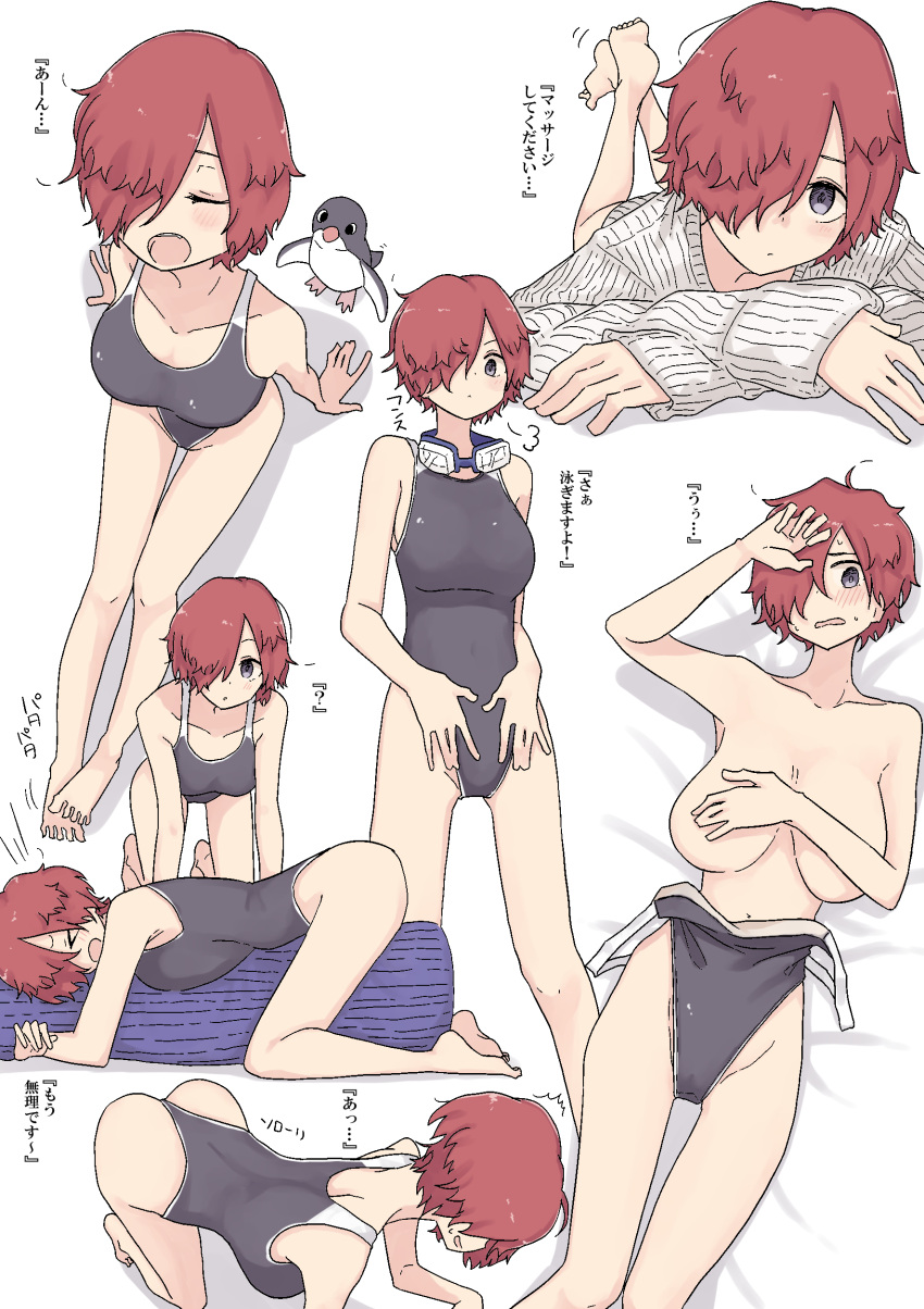 &gt;_&lt; /\/\/\ 1girl :d absurdres all_fours bird black_swimsuit blush breasts covering_nipples grey_eyes hair_over_one_eye highres huge_breasts looking_at_viewer lying multiple_views on_back on_stomach one-piece_swimsuit one_eye_covered open_mouth original penguin redhead rucchiifu short_hair simple_background sitting smile sweater swimsuit swimsuit_pull translation_request violet_eyes white_background white_sweater
