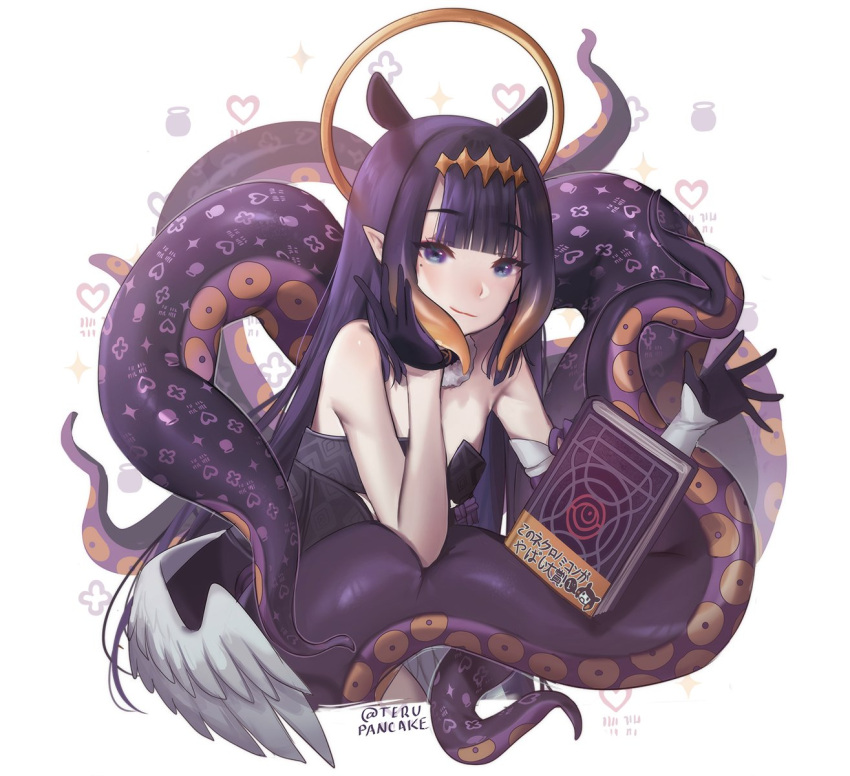 1girl ao-chan artist_name bangs blue_eyes blush breasts extra_ears fur_collar gloves halo highres hololive hololive_english light_smile ninomae_ina'nis pointy_ears purple_gloves purple_hair sidelocks sketch small_breasts solo tentacle_hair tentacles terupancake twitter_username virtual_youtuber wings