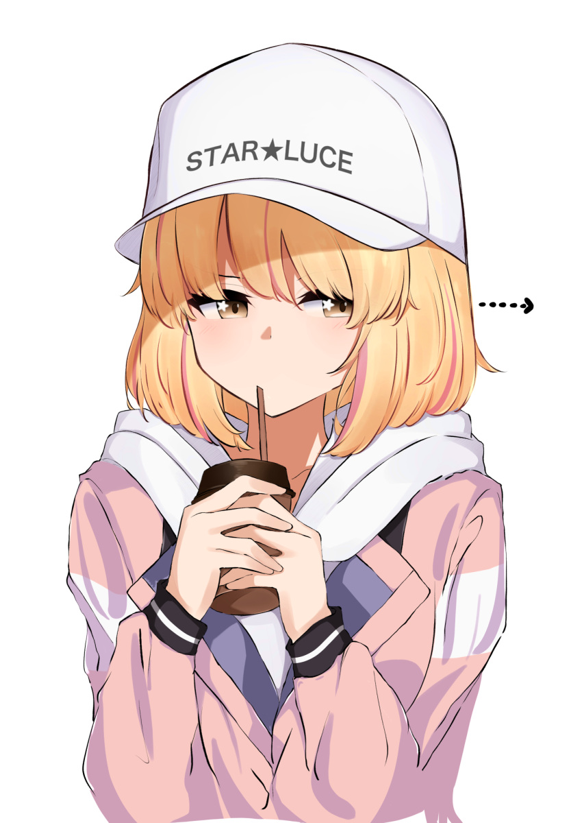 1girl arrow_(symbol) baseball_cap blonde_hair chieru_(princess_connect!) chieru_(real)_(princess_connect!) cup disposable_cup drinking_straw hat highres hood hoodie looking_to_the_side narusan_beam2 pink_hoodie princess_connect! princess_connect!_re:dive short_hair simple_background solo star_(symbol) star_in_eye symbol_in_eye upper_body white_background white_headwear yellow_eyes