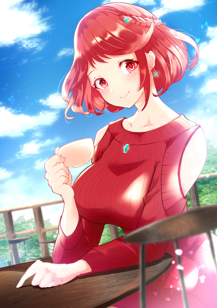 1girl absurdres alternate_costume breasts casual cup earrings highres jewelry large_breasts pyra_(xenoblade) red_eyes redhead risumi_(taka-fallcherryblossom) short_hair sky smile solo sweater xenoblade_chronicles_(series) xenoblade_chronicles_2