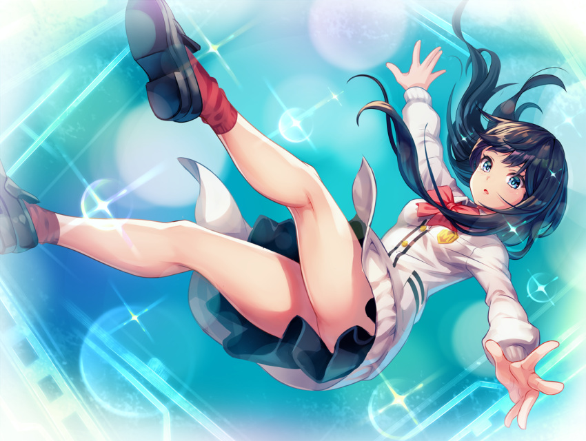 1girl bare_legs black_footwear black_hair black_skirt blue_background blue_eyes blush bow bowtie falling full_body inari_kei kneepits light_particles long_hair looking_at_viewer outstretched_arms red_bow red_legwear shirt shoes skirt socks solo spread_arms ssss.gridman takarada_rikka white_shirt white_skirt