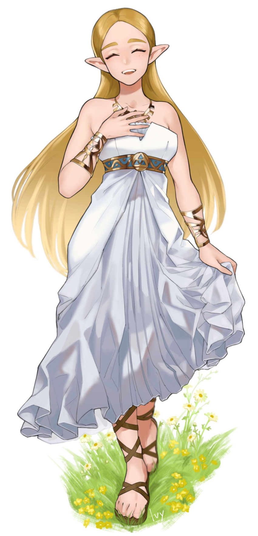 1girl absurdres bare_shoulders belt blonde_hair breasts closed_eyes collarbone commentary_request cross-laced_footwear dress facing_viewer full_body grass hand_on_own_chest highres iva_(sena0119) jewelry long_hair medium_breasts necklace official_alternate_costume pointy_ears princess_zelda sandals simple_background skirt_hold sleeveless smile solo standing strapless strapless_dress the_legend_of_zelda the_legend_of_zelda:_breath_of_the_wild upper_teeth white_background white_dress