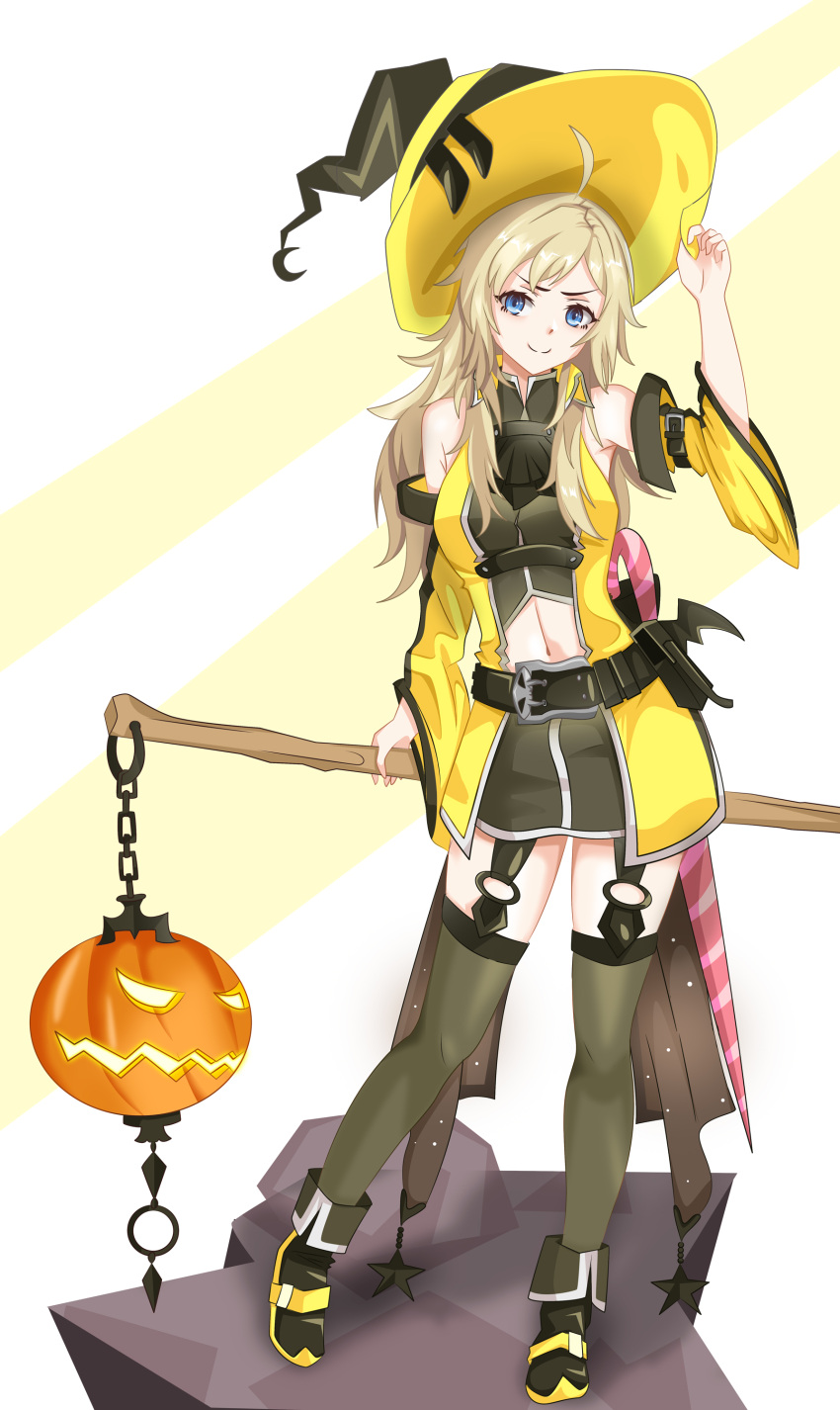 1girl absurdres alternate_costume bare_shoulders blue_eyes closed_mouth cosplay fire_emblem fire_emblem_fates fire_emblem_heroes halloween_costume hat highres long_hair looking_at_viewer mia_(fire_emblem) mia_(fire_emblem)_(cosplay) navel ophelia_(fire_emblem) pluv_hill pumpkin simple_background smile solo witch_costume witch_hat