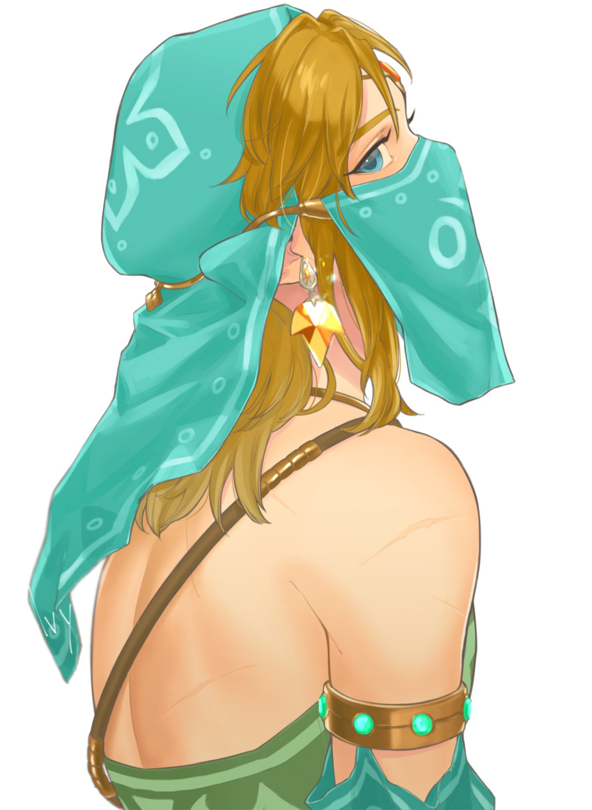 1boy arabian_clothes bare_shoulders blonde_hair blue_eyes circlet commentary_request crossdressinging detached_sleeves earrings from_side gerudo_link green_headwear grey_background highres iva_(sena0119) jewelry link looking_at_viewer male_focus medium_hair mouth_veil otoko_no_ko pointy_ears sideways_glance simple_background solo the_legend_of_zelda the_legend_of_zelda:_breath_of_the_wild veil