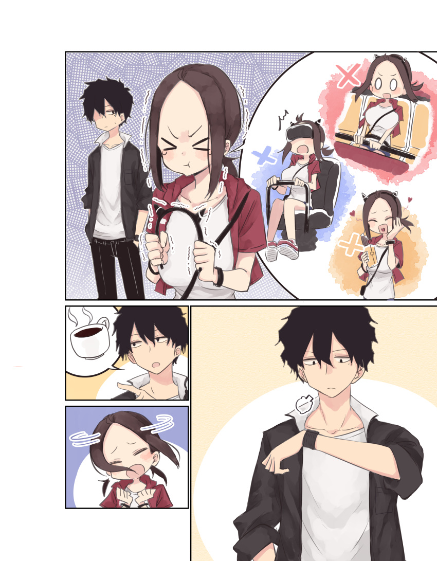 &gt;_&lt; 1boy 1girl :t absurdres black_hair black_jacket blush breasts brown_eyes brown_hair checking_watch closed_mouth coffee coffee_mug cup d: hairband_removed highres holding huge_breasts jacket mug open_clothes open_jacket open_mouth original ponytail pout red_jacket rucchiifu sanpaku shirt spoken_food thinking white_shirt