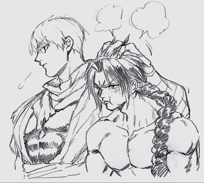 2boys bandaged_arm bandages blush closed_mouth collarbone eyebrows_visible_through_hair grey_background greyscale highres hikarusorano kayn_(league_of_legends) league_of_legends long_hair looking_away male_focus monochrome multiple_boys muscle ninja petting ponytail pout scarf shirtless simple_background sketch torn torn_clothes upper_body zed_(league_of_legends)