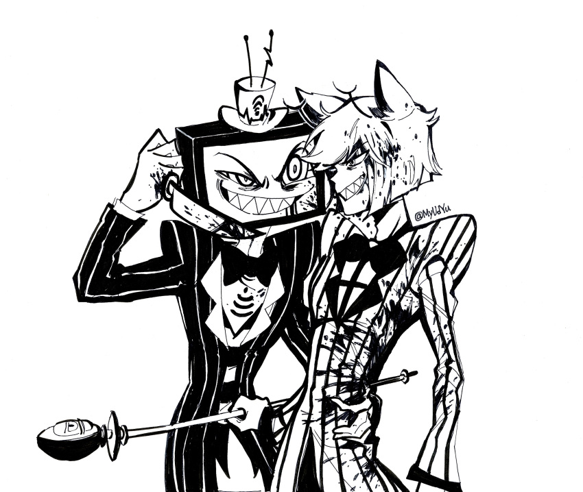 2boys alastor_(hazbin_hotel) antennae bow bowtie demon demon_boy formal hair_ears hat hazbin_hotel highres holding holding_knife knife microphone multiple_boys pinstripe_suit rangfe_myudyu sharp_teeth signal_bar striped suit teeth television top_hat vintage_microphone vox_(hazbin_hotel)