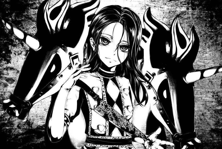 1girl alice_(wonderland) closed_mouth greyscale highres kana616 long_hair looking_at_viewer monochrome solo