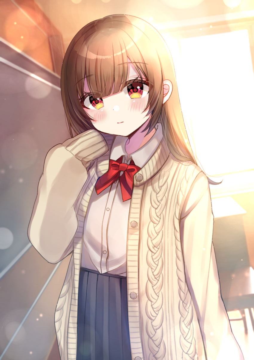 1girl bangs black_skirt blush bow brown_hair closed_mouth collared_shirt commentary_request dress_shirt eyebrows_visible_through_hair hair_between_eyes hand_up highres indoors jacket long_hair long_sleeves looking_at_viewer minami_saki open_clothes open_jacket original pleated_skirt red_bow red_eyes shirt skirt sleeves_past_fingers sleeves_past_wrists solo standing white_shirt