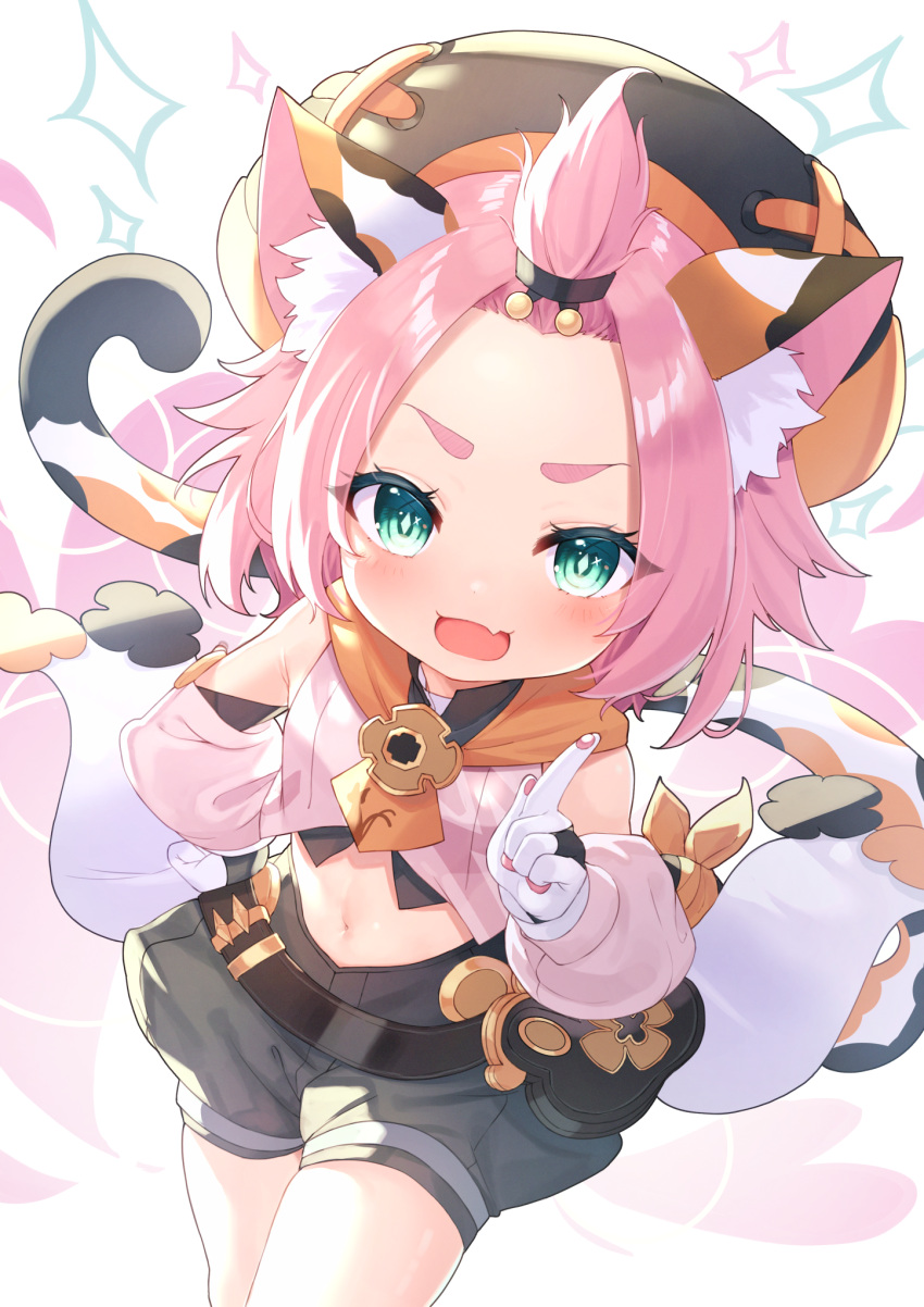 1girl animal_ear_fluff animal_ears aqua_eyes bare_shoulders blush cabbie_hat cat_ears cat_girl cat_paws cat_tail commentary_request diona_(genshin_impact) fang genshin_impact gloves hair_ornament hand_on_hip hat highres looking_at_viewer midriff navel open_clothes paws pink_hair puffy_shorts short_hair shorts solo tail tied_hair tsukiman white_gloves