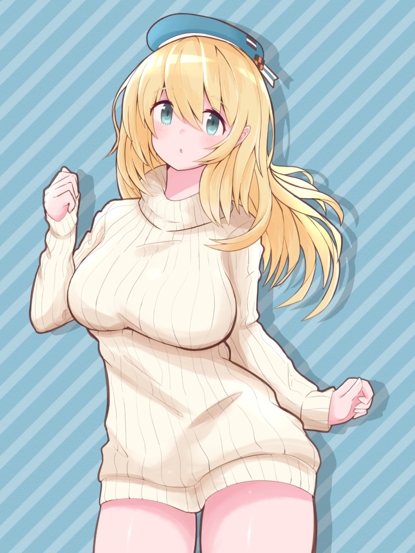 1girl alternate_costume atago_(kantai_collection) beret blonde_hair blue_headwear breasts clenched_hands dress hat highres kantai_collection large_breasts long_hair looking_at_viewer oemunn ribbed_sweater solo striped striped_background sweater sweater_dress turtleneck turtleneck_sweater white_sweater