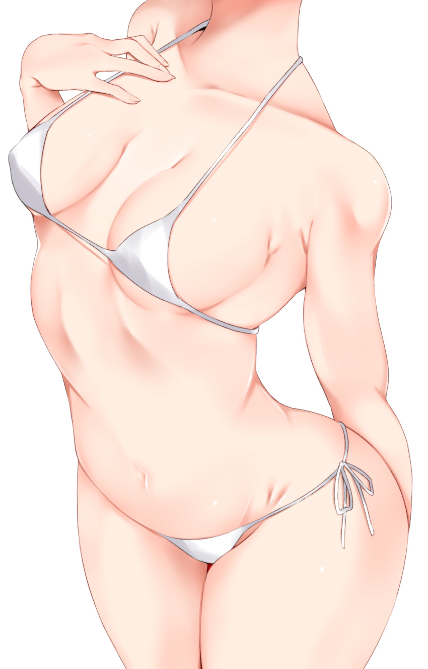 1girl absurdres arm_behind_back bikini breasts collarbone groin halter_top halterneck hand_on_own_chest hand_up head_out_of_frame highres hiiragi_ken navel original side-tie_bikini simple_background small_breasts solo standing string_bikini swimsuit white_bikini