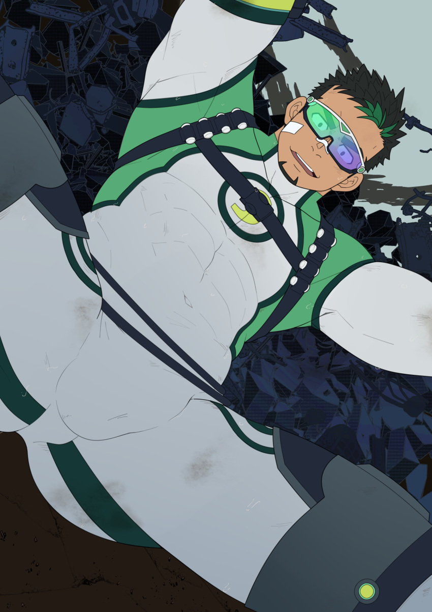 1boy absurdres alu379 arms_up ass bara black_hair bodysuit bulge chest covered_abs covered_navel dark_skin dark_skinned_male facial_hair flat_color glasses goatee green_hair grey_bodysuit highres kyoichi_(live_a_hero) live_a_hero male_focus multicolored_hair muscle short_hair sideburns solo spread_legs streaked_hair thick_thighs thighs two-tone_hair
