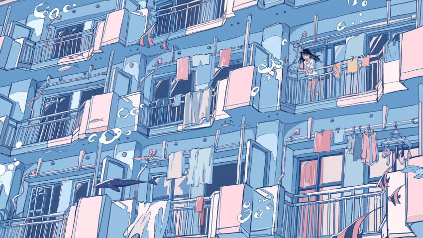 1girl apartment balcony black_hair bubble building clothes clothes_hanger clothes_pin cup drying drying_clothes fantasy fish floating highres holding holding_cup ichigoame laundry_pole limited_palette long_hair original pastel_colors pipe surreal whale windows