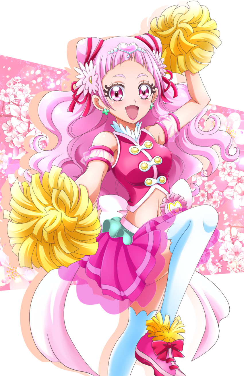 1girl :d back_bow bangs bare_shoulders blunt_bangs blush bow breasts clover_earrings commentary_request covered_nipples cowboy_shot crop_top cure_yell earrings floral_background flower hair_flower hair_ornament hair_ribbon hanzou heart heart_hair_ornament highres holding holding_pom_poms hugtto!_precure jewelry layered_skirt lipstick long_eyelashes long_hair looking_at_viewer magical_girl makeup medium_breasts midriff navel nono_hana open_mouth pink_eyes pink_footwear pink_hair pink_shirt pink_skirt pom_poms precure red_ribbon ribbon shirt shoes sidelocks skirt sleeveless sleeveless_shirt smile solo standing standing_on_one_leg thigh-highs two_side_up white_legwear zettai_ryouiki