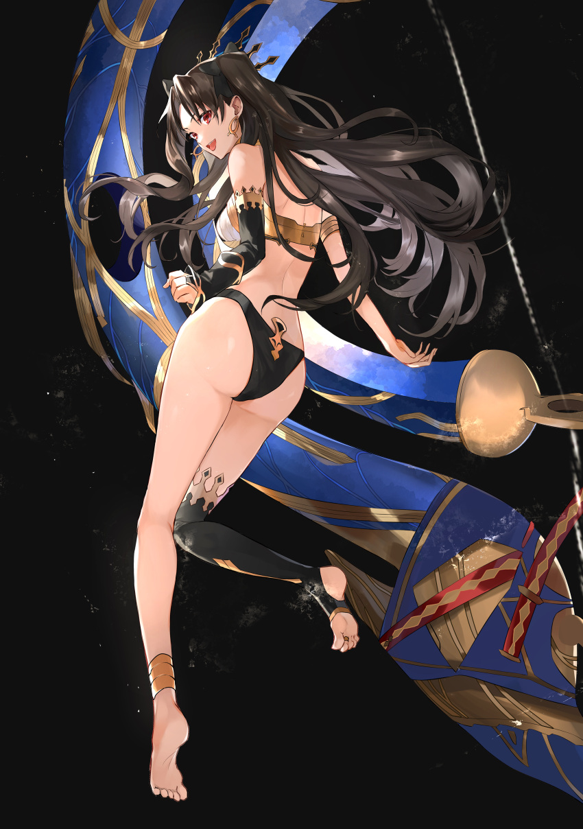 1girl absurdres ass black_background brown_hair crown earrings fate/grand_order fate_(series) feet highres hoshi_rasuku ishtar_(fate)_(all) ishtar_(fate/grand_order) jewelry legs long_hair looking_at_viewer red_eyes single_thighhigh sky smile solo star_(sky) starry_sky stirrup_legwear thigh-highs thighs toeless_legwear twintails