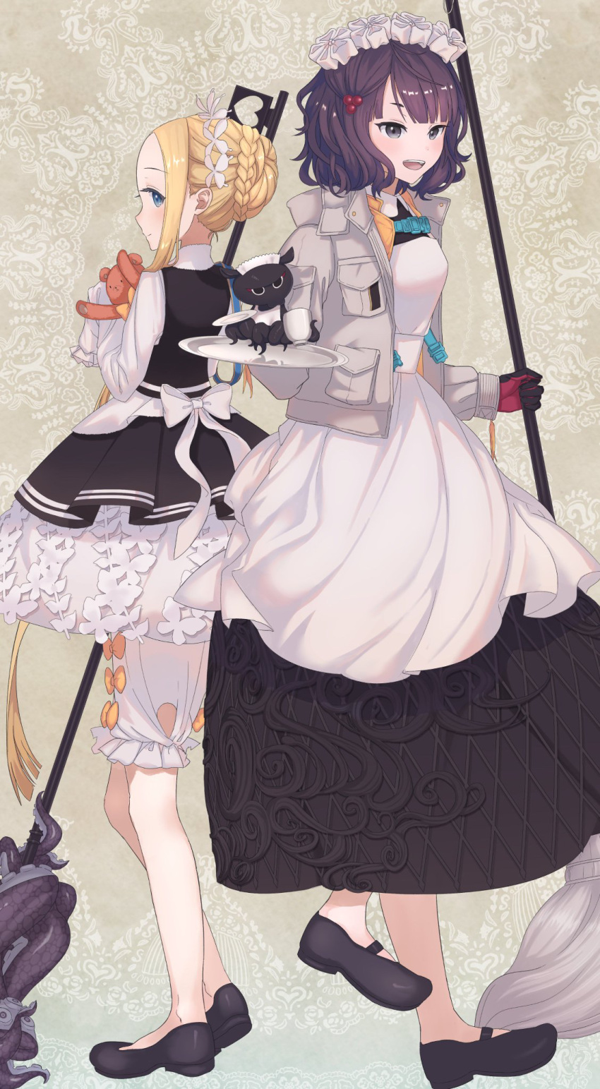 2girls abigail_williams_(fate/grand_order) artist_request bangs black_dress black_footwear blonde_hair blue_eyes blush breasts dress fate/grand_order fate_(series) forehead gloves heroic_spirit_festival_outfit highres jacket katsushika_hokusai_(fate/grand_order) long_hair long_sleeves looking_at_viewer maid_headdress medium_breasts multiple_girls octopus open_clothes open_jacket open_mouth parted_bangs purple_hair sidelocks small_breasts smile stuffed_animal stuffed_toy teddy_bear tokitarou_(fate/grand_order) tray violet_eyes