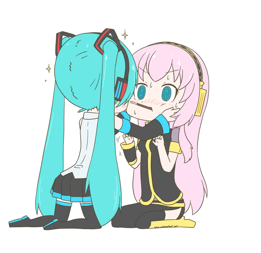 2girls @_@ absurdres aqua_hair armband bare_shoulders black_legwear black_shirt black_skirt black_sleeves commentary detached_sleeves food gold_trim grey_shirt hair_ornament hands_on_another's_cheeks hands_on_another's_face hands_up hatsune_miku headphones highres imminent_kiss kneeling long_hair long_skirt looking_at_another megurine_luka miniskirt mouth_hold multiple_girls pink_hair pleated_skirt pocky pocky_day pocky_kiss seiza shirt side_slit single_sleeve sitting skirt sleeveless sleeveless_shirt sparkle sweat thigh-highs twintails v-shaped_eyebrows very_long_hair vocaloid white_background yuri yuta1147 zettai_ryouiki