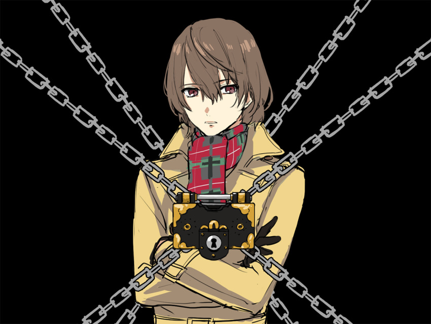 akechi_gorou black_background black_gloves brown_hair chain coat crossed_arms eyebrows_visible_through_hair gloves gyakuten_saiban hair_between_eyes keyhole lock long_sleeves male_focus obo parody persona persona_5 persona_5_the_royal plaid plaid_scarf psyche-lock red_eyes scarf short_hair solo winter_clothes