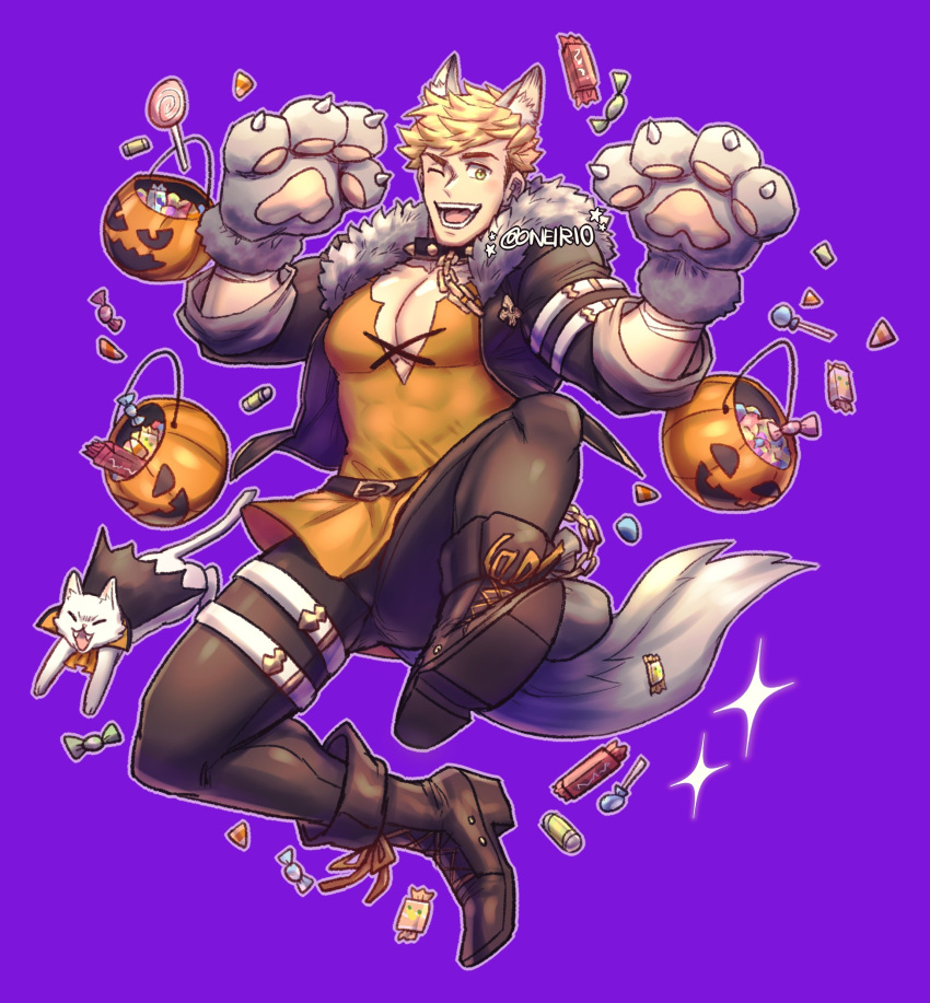 1boy absurdres animal_costume animal_ears bangs bara blonde_hair blush brown_pants bulge candy chest cleavage_cutout clothing_cutout covered_abs food full_body granblue_fantasy green_eyes halloween halloween_costume highres jack-o'-lantern long_shirt male_focus muscle oneirio orange_shirt pants shirt shoes short_hair solo tail thick_thighs thighs vane_(granblue_fantasy) wolf_boy wolf_costume wolf_ears wolf_paws wolf_tail