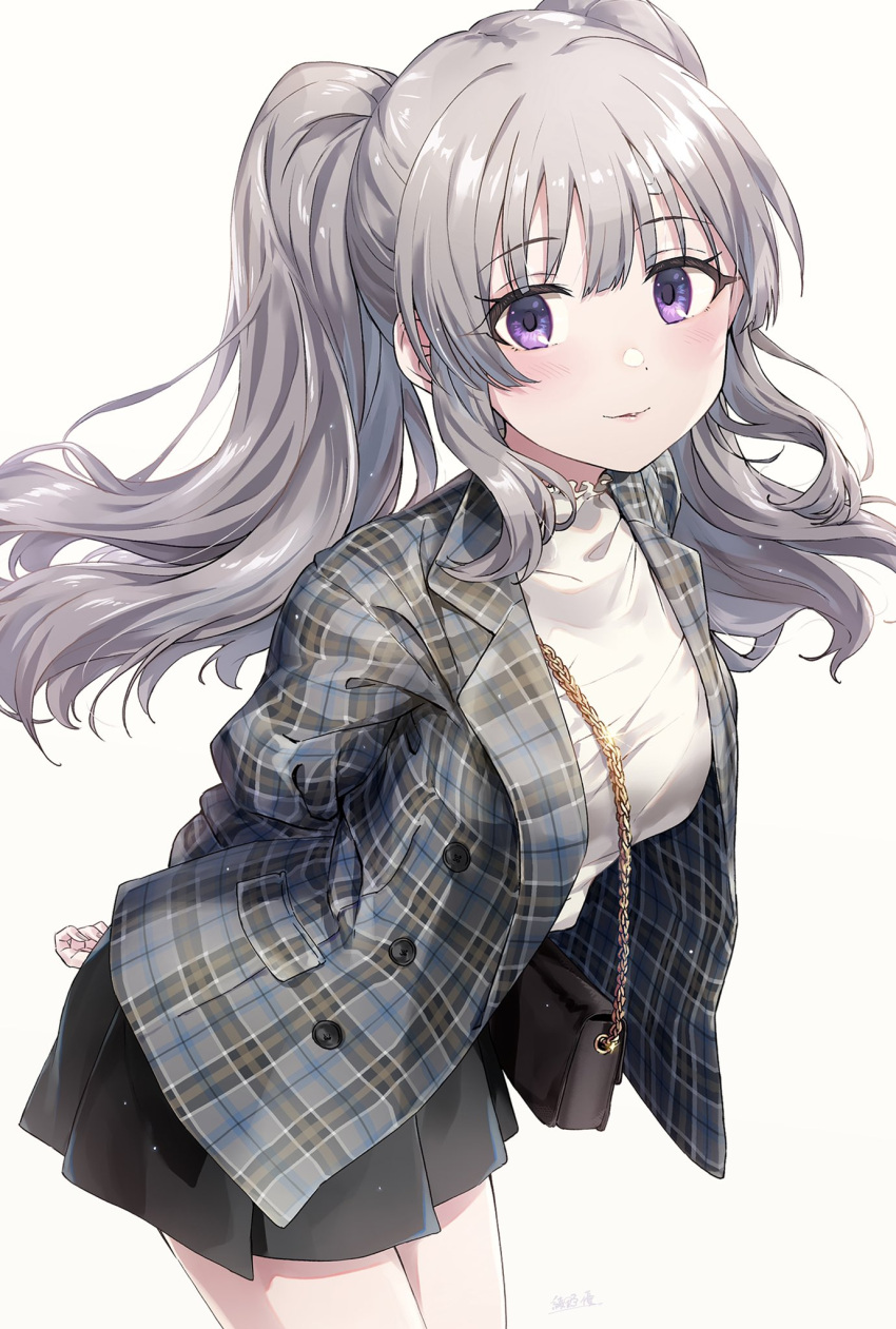 1girl arms_behind_back artist_name ayano_yuu_(sonma_1426) bag bandaid bandaid_on_forehead bangs beige_background black_skirt blush breasts buttons closed_mouth commentary_request cowboy_shot eyebrows_visible_through_hair floating_hair frilled_shirt_collar frills glint grey_hair grey_jacket handbag highres idolmaster idolmaster_shiny_colors jacket leaning_forward light_particles long_hair long_sleeves looking_at_viewer medium_breasts miniskirt open_clothes open_jacket plaid_jacket pleated_skirt shiny shiny_hair shirt sidelocks simple_background skirt smile solo standing twintails violet_eyes white_shirt yuukoku_kiriko