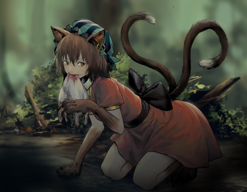 1girl absurdres animal animal_ears arm_support bangs black_bow black_sash blood blood_from_mouth blood_on_face blurry blurry_background bow brown_hair cat cat_ears cat_tail chen claw_pose claws collared_shirt commentary crawling death dress fang forest full_body googerm green_headwear hair_between_eyes hat highres hunting jewelry kneeling looking_at_viewer looking_to_the_side mob_cap monster_girl mouth_hold multiple_tails mushroom nature nekomata on_ground outdoors paws puffy_short_sleeves puffy_sleeves rabbit red_dress sash shirt short_hair short_sleeves single_earring slit_pupils solo tail touhou two_tails undershirt white_shirt wing_collar