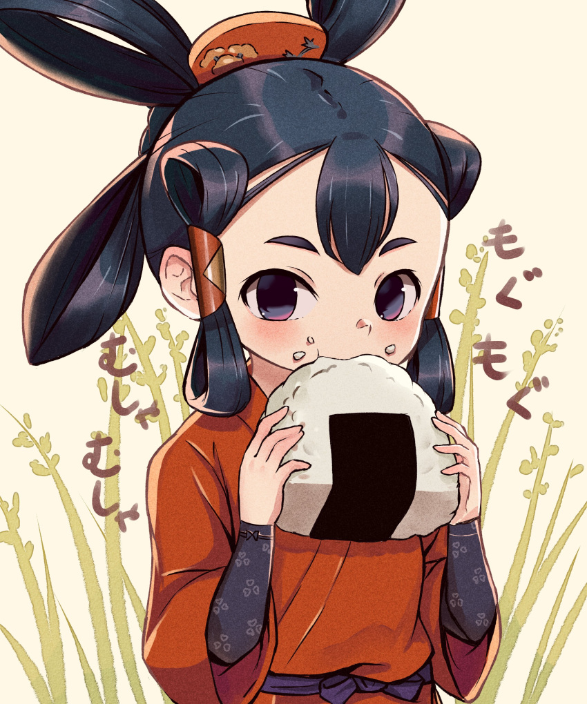 1girl absurdres black_eyes black_hair blush commentary_request eating food food_on_face hair_ornament hair_rings hair_tubes highres holding holding_food japanese_clothes long_hair minoshi nori_(seaweed) onigiri rice rice_on_face sakuna-hime short_eyebrows solo tensui_no_sakuna-hime upper_body