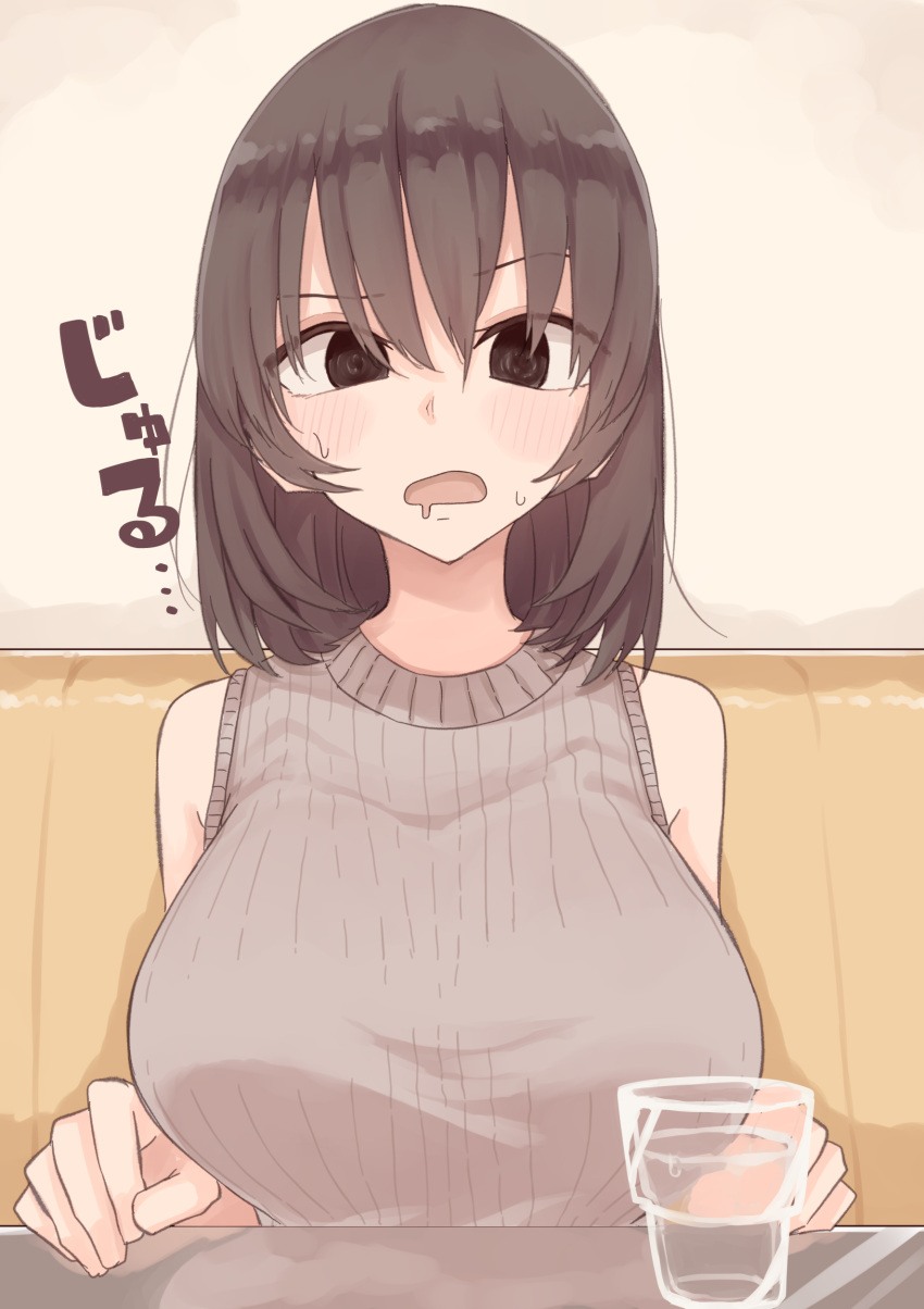 1girl @_@ absurdres bare_shoulders blush bob_cut breasts brown_eyes brown_hair couch glass grey_sweater highres huge_breasts looking_at_viewer medium_hair mouth_drool open_mouth original pov_across_table ribbed_sweater rucchiifu sitting sleeveless_sweater solo sweat sweater upper_body