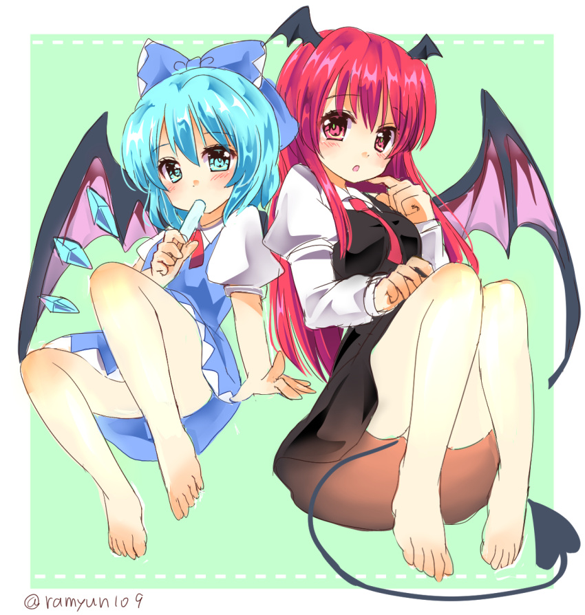 2girls artist_name bangs barefoot bat_wings black_skirt black_vest blue_bow blue_eyes blue_hair blush border bow breasts cirno convenient_leg demon_tail eyebrows_visible_through_hair finger_to_own_chin flat_chest food full_body hair_between_eyes hair_bow hand_up head_wings highres holding holding_food ice ice_wings juliet_sleeves koakuma long_hair long_sleeves looking_at_viewer medium_breasts multiple_girls necktie open_mouth outside_border pink_eyes popsicle popsicle_in_mouth puffy_short_sleeves puffy_sleeves ramudia_(lamyun) red_necktie redhead short_hair short_sleeves skirt tail toes touhou vest white_border wing_collar wings