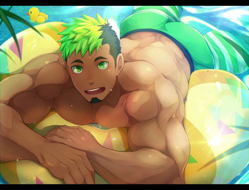 1boy absurdres bara bare_chest black_hair chest facial_hair goatee green_eyes highres huge_filesize innertube kuro_(shiranui) looking_at_viewer male_focus male_swimwear manly multicolored_hair muscle pectoral_press rubber_duck short_hair sideburns smile solo swim_trunks swimwear taurus_mask tokyo_houkago_summoners undercut water wet