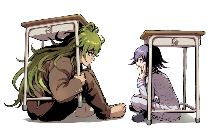 2boys antenna_hair bangs barefoot black_footwear brown_jacket brown_pants checkered checkered_scarf commentary_request dangan_ronpa desk eye_contact from_side glasses gokuhara_gonta green_hair height_difference indian_style jacket long_hair long_sleeves looking_at_another male_focus multiple_boys new_dangan_ronpa_v3 open_mouth ouma_kokichi pants purple_hair scarf school_desk school_uniform shoes short_hair simple_background sitting smile straitjacket under_table violet_eyes white_background white_jacket white_pants youko-shima