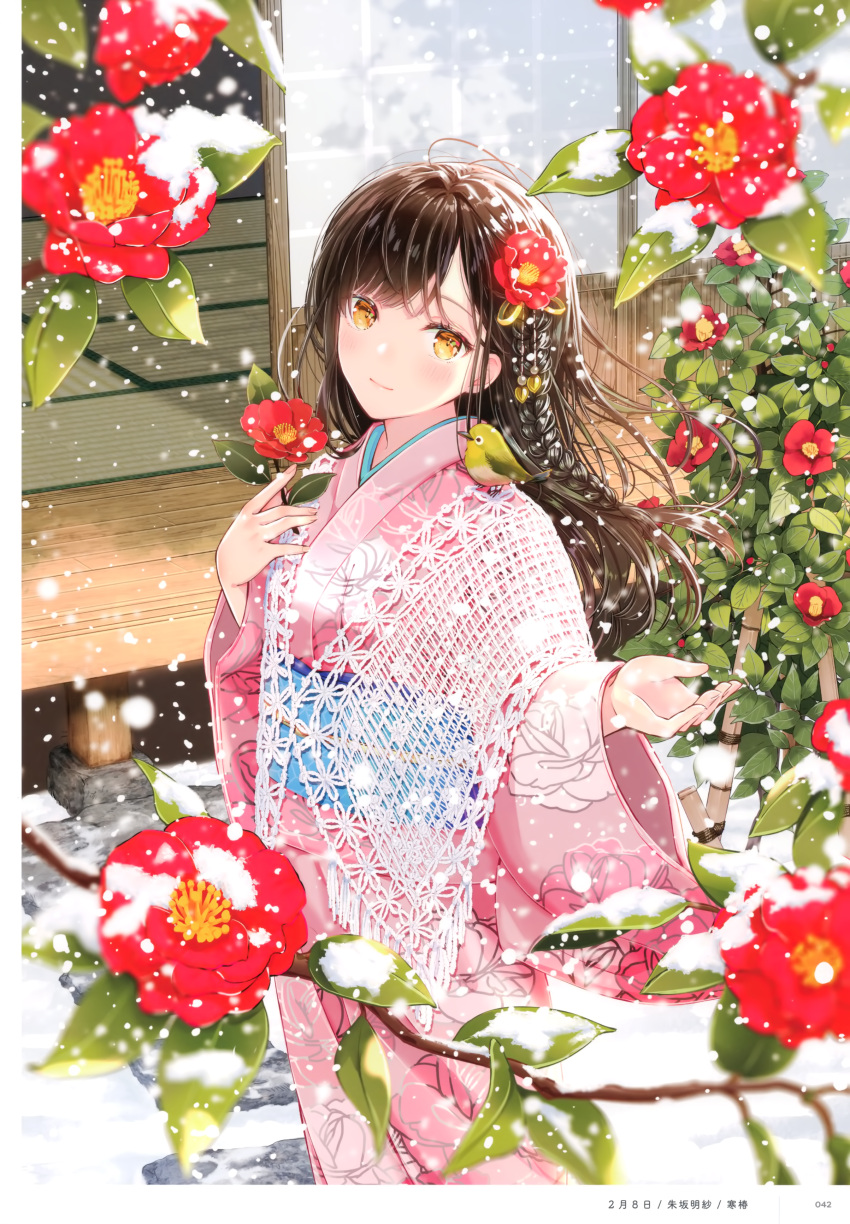 1girl absurdres akasaka_asa animal animal_on_shoulder artist_name bangs bird bird_on_shoulder blush braid brown_eyes brown_hair camellia closed_mouth feet_out_of_frame fingernails floral_print flower hair_ornament highres holding japanese_clothes kimono light_smile lips looking_at_viewer obi obiage obijime original outdoors page_number sash scan shiny side_braid snow snowing standing stepping_stones tatami tied_hair tree_branch veranda wide_sleeves yellow_eyes