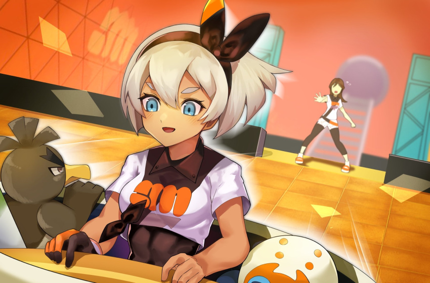 2girls bangs bea_(pokemon) black_bodysuit black_hairband blonde_hair blue_eyes blush bodysuit bodysuit_under_clothes bow_hairband clobbopus collared_shirt commentary_request dynamax_band eyelashes flying_sweatdrops galarian_farfetch'd galarian_form gen_8_pokemon gloves gym_leader gym_trainer_(pokemon) hair_between_eyes hairband highres indoors katwo legs_apart motion_lines multiple_girls open_mouth pokemon pokemon_(creature) pokemon_(game) pokemon_swsh print_shirt shirt short_hair short_sleeves single_glove smile standing tied_shirt tongue