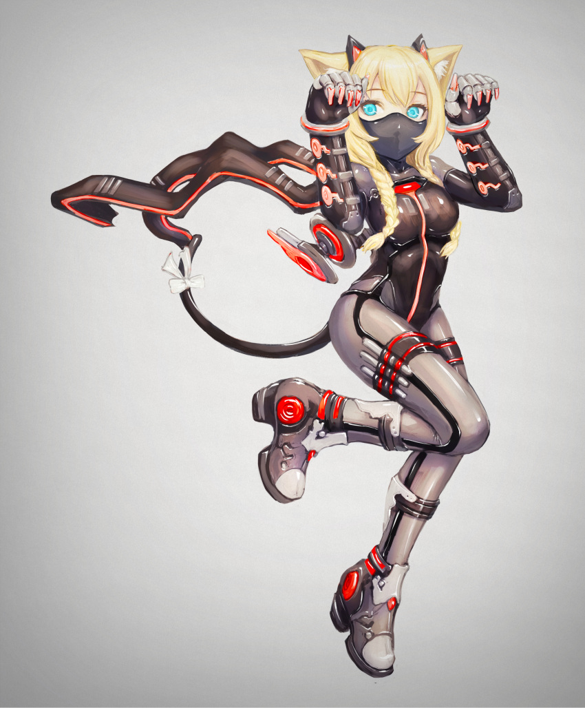 1girl absurdres animal_ear_fluff animal_ears blonde_hair blue_eyes bodysuit braid breasts cat_ears cat_tail commentary_request eyebrows_visible_through_hair full_body grey_background highres impossible_bodysuit impossible_clothes looking_at_viewer mecha_musume ninja_mask original paw_pose ribbon shadow shiny shiny_clothes small_breasts solo tail tail_ribbon yumikoyama49
