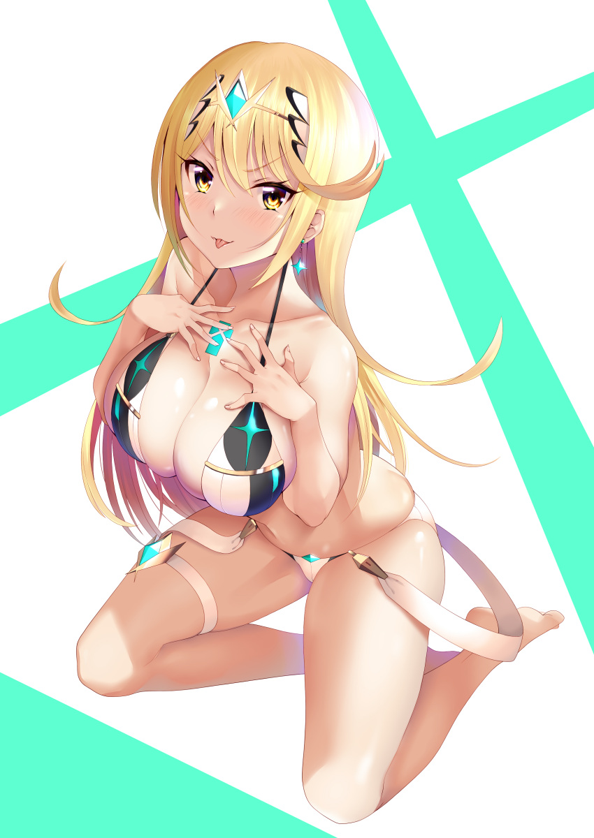 1girl :p absurdres barefoot bikini blonde_hair breasts chest_jewel collarbone daive earrings eyebrows_visible_through_hair full_body gem headpiece highres jewelry kneeling large_breasts leg_garter long_hair looking_at_viewer mythra_(xenoblade) solo swimsuit tongue tongue_out white_bikini xenoblade_chronicles_(series) xenoblade_chronicles_2 yellow_eyes