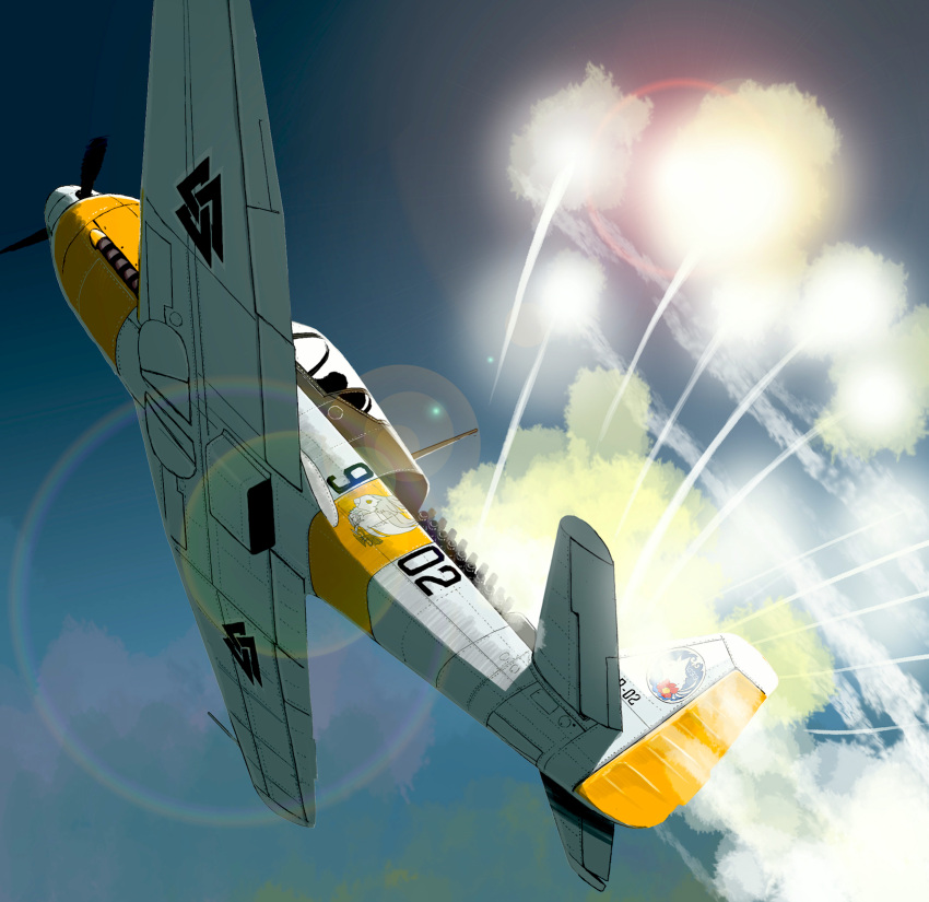 aircraft airplane clouds fighter_jet flare flying highres jet lens_flare matsuda_juukou military military_vehicle no_humans propeller senyoku_no_sigrdrifa sky solo vehicle_focus