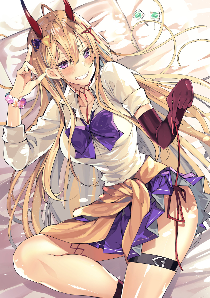 1girl absurdres ahoge asymmetrical_sleeves azur_lane bed_sheet beige_sweater blonde_hair blush bow breasts calf candy clothes_around_waist collarbone collared_shirt commentary_request dress_shirt elbow_gloves feet_out_of_frame food gloves grin hair_between_eyes hair_ornament hair_spread_out hands_up highres holding holding_ribbon horns knee_up kumano_(azur_lane) large_breasts leg_belt lollipop long_hair long_sleeves lying miniskirt narrow_waist on_back panties pillow pink_gloves pleated_skirt purple_bow purple_neckwear purple_skirt red_horns red_panties red_ribbon ribbon school_uniform scrunchie sharp_teeth shiny shiny_skin shiosato_jun shirt side-tie_panties single_glove skirt skirt_lift sleeves_rolled_up smile socks solo sweater sweater_around_waist teasing teeth thigh_strap thighs underwear very_long_hair violet_eyes white_shirt wing_collar wrist_scrunchie