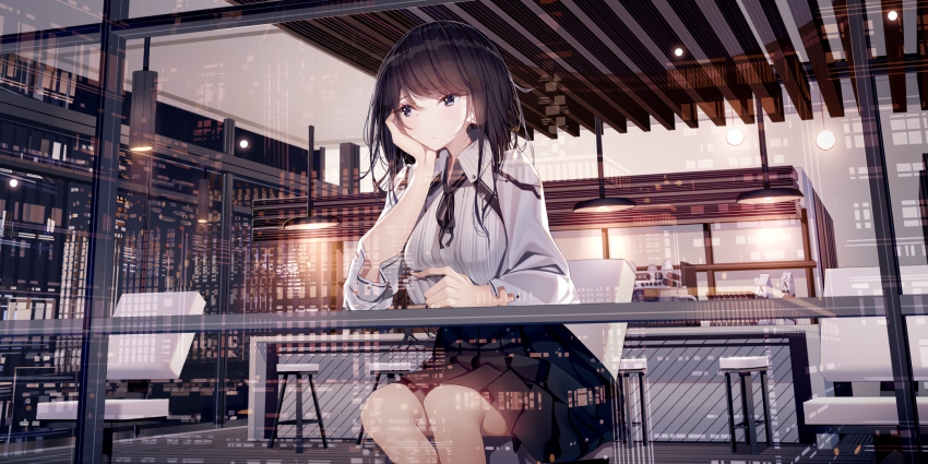 1girl atha_(leejuiping) bangs black_hair black_neckwear black_skirt building cafe chair collared_shirt commentary_request counter grey_eyes hand_on_own_cheek highres indoors long_hair original pleated_skirt reflection shirt sitting skirt skyscraper stool white_shirt window