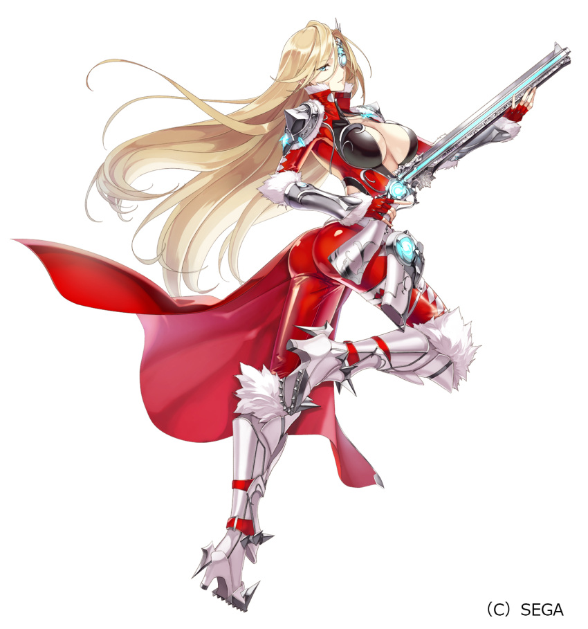 1girl akamiso_(k074510) ass blonde_hair blue_eyes bodysuit boots breasts expressionless full_body gloves gun highres holding holding_gun holding_weapon idola_phantasy_star_saga knee_boots large_breasts long_hair looking_at_viewer official_art red_bodysuit shannon_(idola) shiny shiny_clothes simple_background solo spikes weapon white_background white_footwear