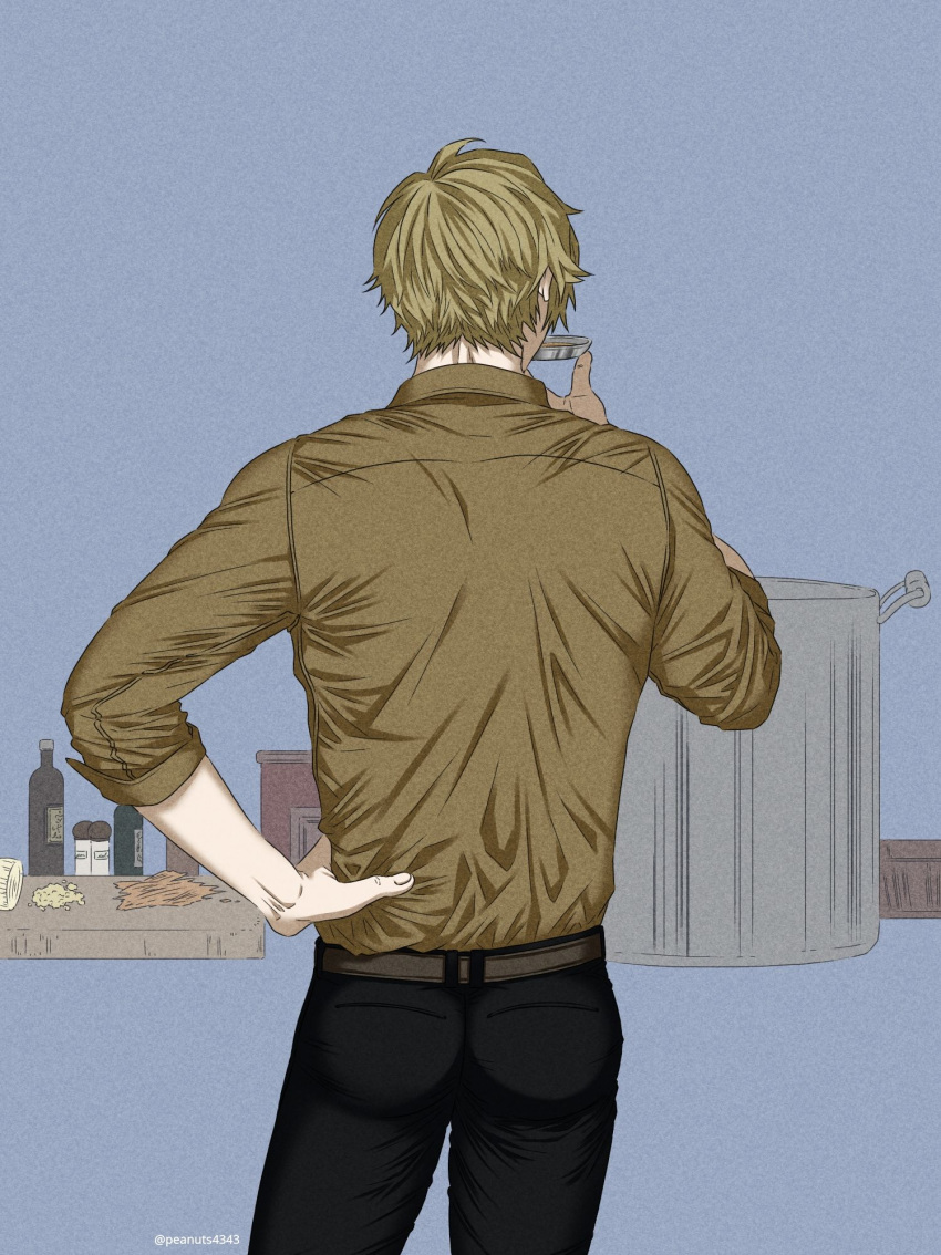 1boy ass back black_pants blonde_hair collared_shirt from_behind hand_on_hip highres male_focus one_piece pants pinattsu sanji shirt short_hair simple_background solo toned toned_male yellow_shirt