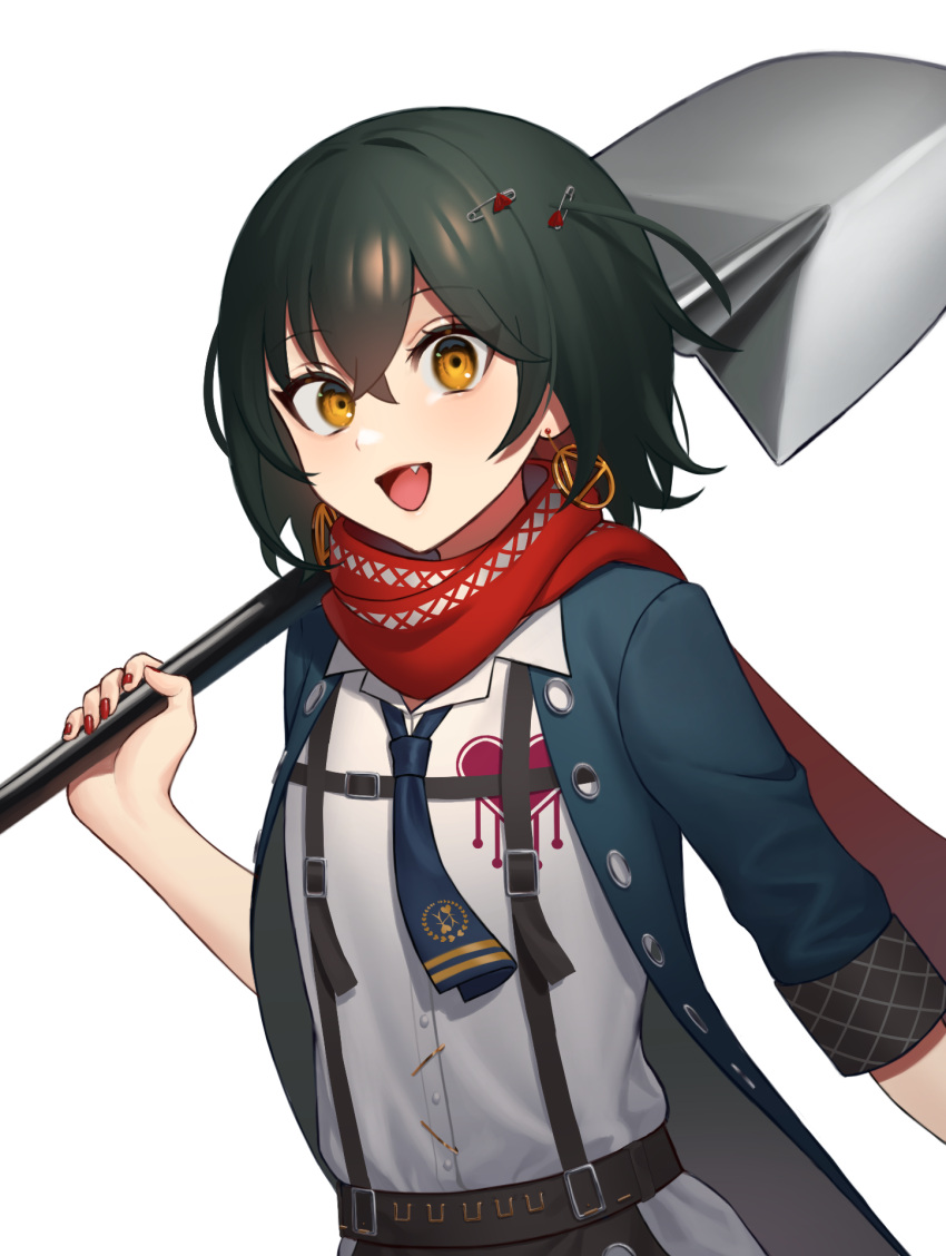 black_hair blue_neckwear eyebrows_visible_through_hair eyes_visible_through_hair fang fingernails hair_between_eyes heart highres holding holding_shovel looking_at_viewer mashiro_(nijisanji) nijisanji open_mouth orange_eyes over_shoulder red_nails red_scarf scarf short_hair shovel simple_background sleeves_rolled_up tongue virtual_youtuber white_background wowk