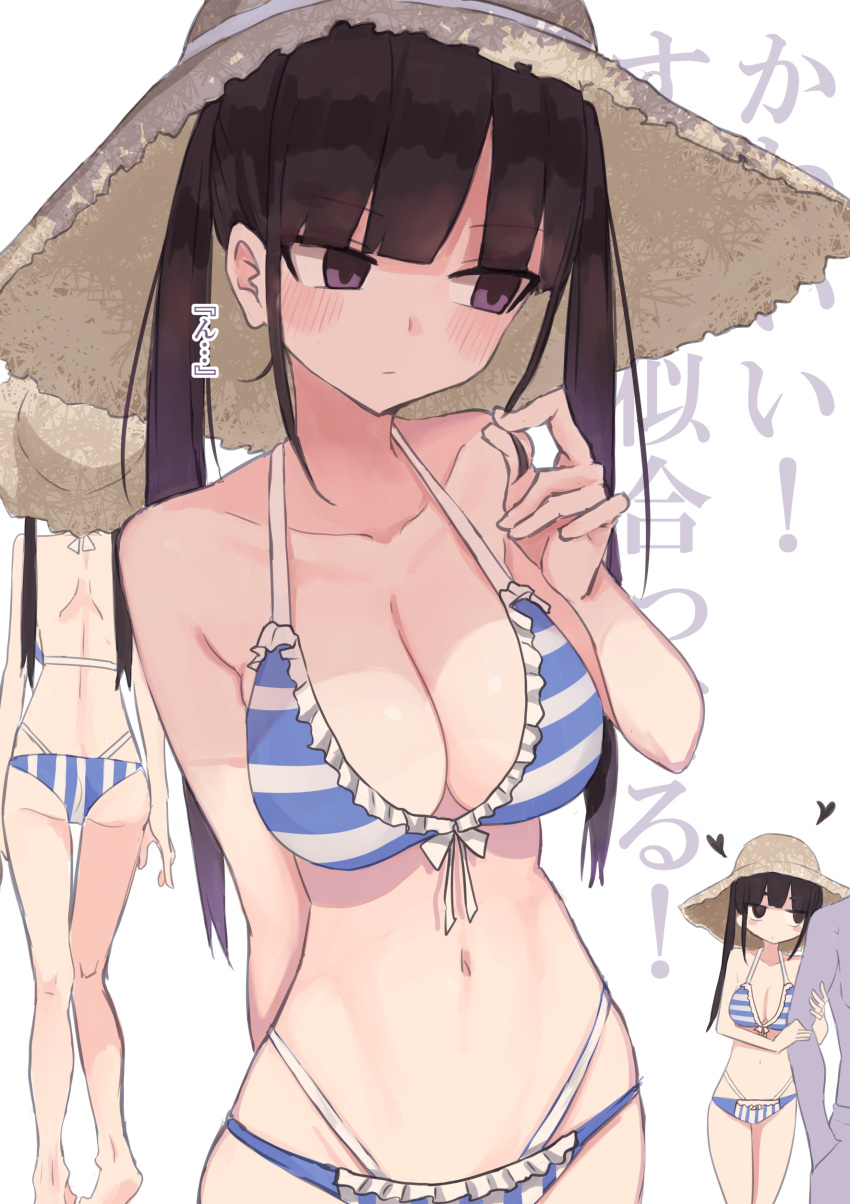 ! 1girl absurdres arm_hug bikini blush breasts brown_hair closed_mouth cowboy_shot embarrassed hair_twirling hand_up hat highres large_breasts layered_bikini multiple_views navel original rucchiifu skindentation standing straw_hat striped striped_bikini swimsuit twintails violet_eyes