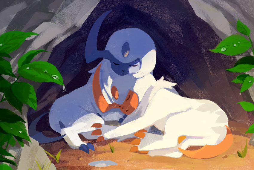 absol alternate_color cave chiyo_(ppp_808) claws closed_eyes closed_mouth commentary_request dirt gen_3_pokemon grass highres lying no_humans on_side pokemon pokemon_(creature) shiny_pokemon sleeping water_drop white_fur