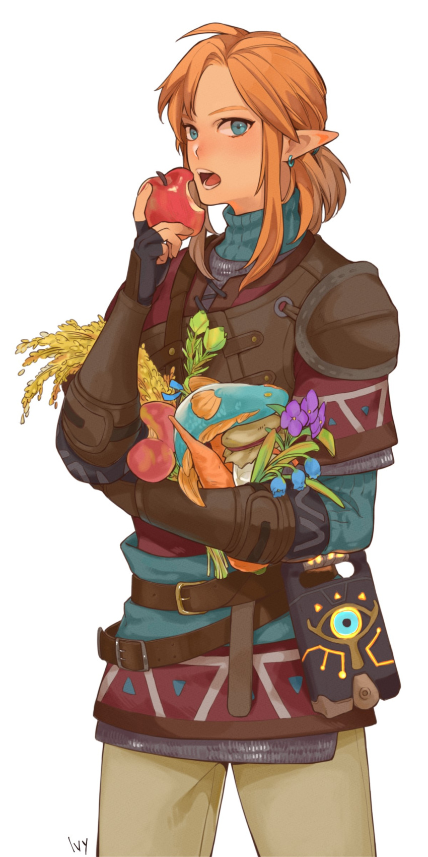 1boy absurdres apple armor bangs belt bite_mark black_gloves blonde_hair blue_eyes blush brown_pants carrot commentary_request cowboy_shot earrings eating fingerless_gloves fish flower food fruit gloves green_sweater hand_up highres holding holding_food holding_fruit iva_(sena0119) jewelry leather_armor link long_sleeves looking_at_viewer male_focus open_mouth pants parted_bangs pointy_ears purple_flower ribbed_sweater short_ponytail shoulder_armor sidelocks simple_background snowquill_link solo sweater the_legend_of_zelda the_legend_of_zelda:_breath_of_the_wild white_background