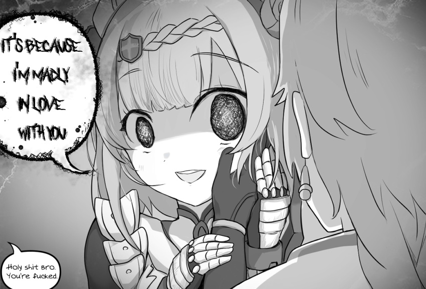 1boy 1girl aether_(genshin_impact) alphthelad blush earrings empty_eyes english_text genshin_impact greyscale hand_on_another's_face hetero holding_hands jewelry maid monochrome noelle_(genshin_impact) short_hair simple_background smile speech_bubble white_background yandere