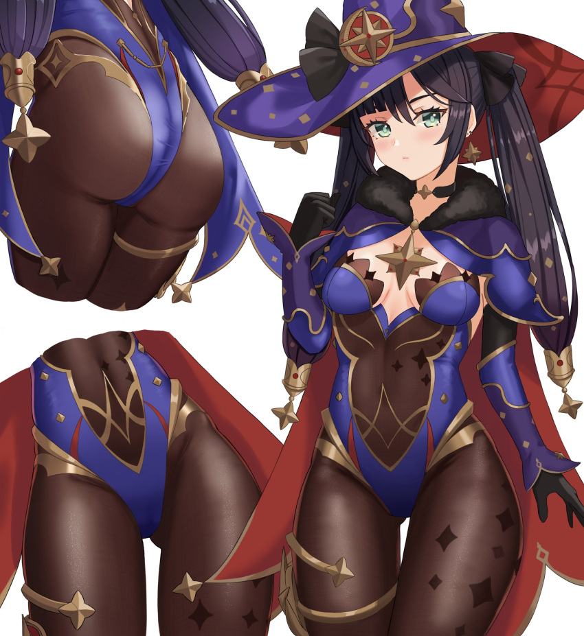 1girl ass ass_visible_through_thighs bangs black_gloves black_hair black_legwear blunt_bangs breasts closed_mouth cowboy_shot cropped_legs earrings eyelashes from_behind fur_trim genshin_impact gloves green_eyes hair_between_eyes hair_ornament hair_ribbon hand_up hat highres jewelry kuwahara_taiki leotard long_hair looking_at_viewer mona_(genshin_impact) multiple_views purple_headwear ribbon shiny shiny_hair simple_background sparkle_print thigh_gap thighs twintails white_background witch_hat