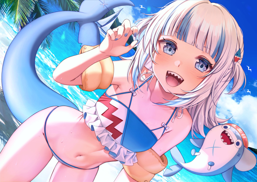 1girl adapted_costume bangs bare_shoulders beach bikini bloop_(gawr_gura) blue_bikini blue_eyes blue_sky blush breasts clouds collarbone cowboy_shot day eyebrows_visible_through_hair fangs fish_tail gawr_gura hair_ornament holding holding_innertube hololive hololive_english innertube long_hair looking_at_viewer mixed-language_commentary multicolored_hair nail_polish navel ocean open_mouth outdoors palm_tree saruei shark shark_girl shark_hair_ornament shark_print shark_tail sharp_teeth silver_hair sky small_breasts smile solo standing swimsuit tail teeth tree two_side_up virtual_youtuber water